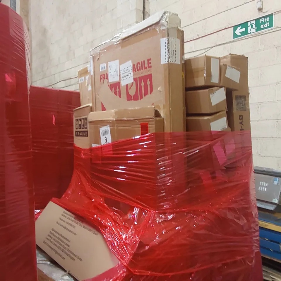 PALLET CONTAINING ASSORTED ITEMS TO INCLUDE: BEDSIDE TABLE, IRONING BOARD, FULL LENGTH MIRROR ECT