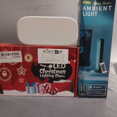 APPROXIMATELY 6 ASSORTED ITEMS TO INCLUDE - AMBIENT LIGHT , LED CHRISTMAS LIGTING CHAINS , UNBRANDED PORTABLE SPEAKER 