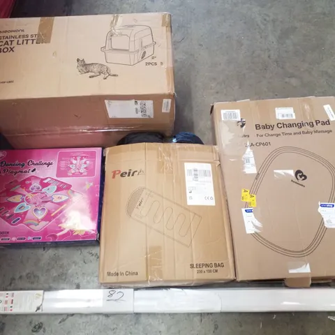 PALLET CONTAINING ASSORTED PRODUCTS INCLUDING CAT LITTER BOX, BABY CHANGING PAD, SLEEPING BAG, DANCING CHALLENGE PLAYMAT & ROLLER BLIND