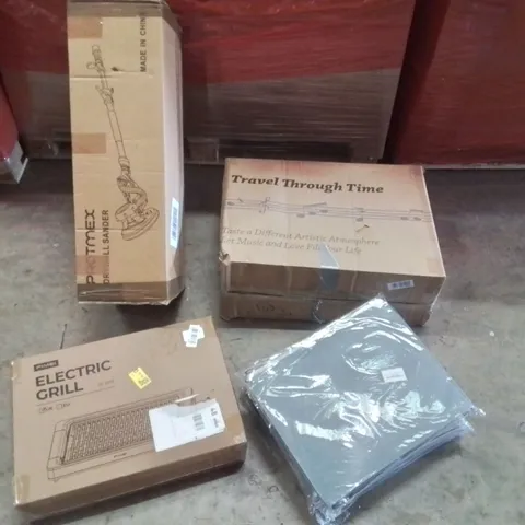 PALLET CONTAINING VARIOUS ASSORTED ITEMS TO INCLUDE:DRYWALL SANDER, ELECTRIC GRILL,SHOE STORAGE BOXES, RECORD PLAYER SUITCASE AND OTHER ASSORTED ITEMS...