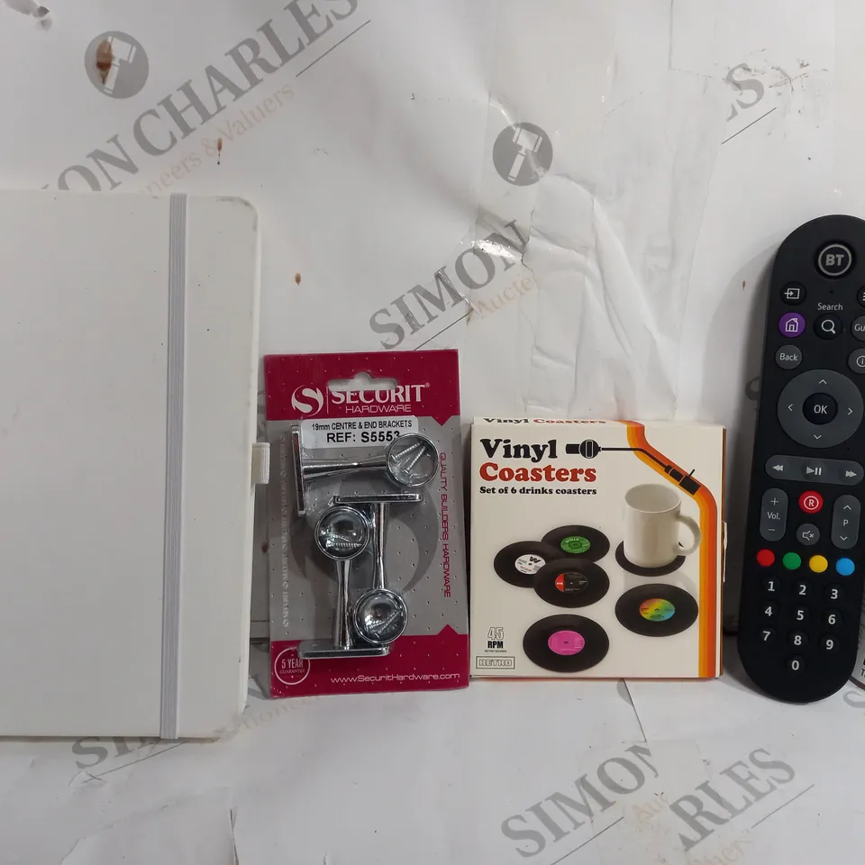 BOX OF APPROXIMATELY 10 ASSORTED ITEMS TO INCLUDE - BT REMOTE- VINYL COASTERS - NOTEBOOK ECT