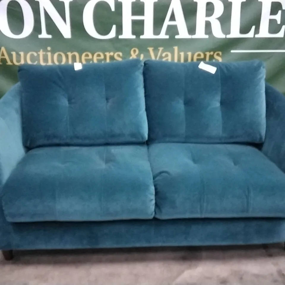QUALITY BRITISH DESIGNER G PLAN MANUFACTURED NANCY SMALL SOFA - MATT VELVET TEAL FABRIC 