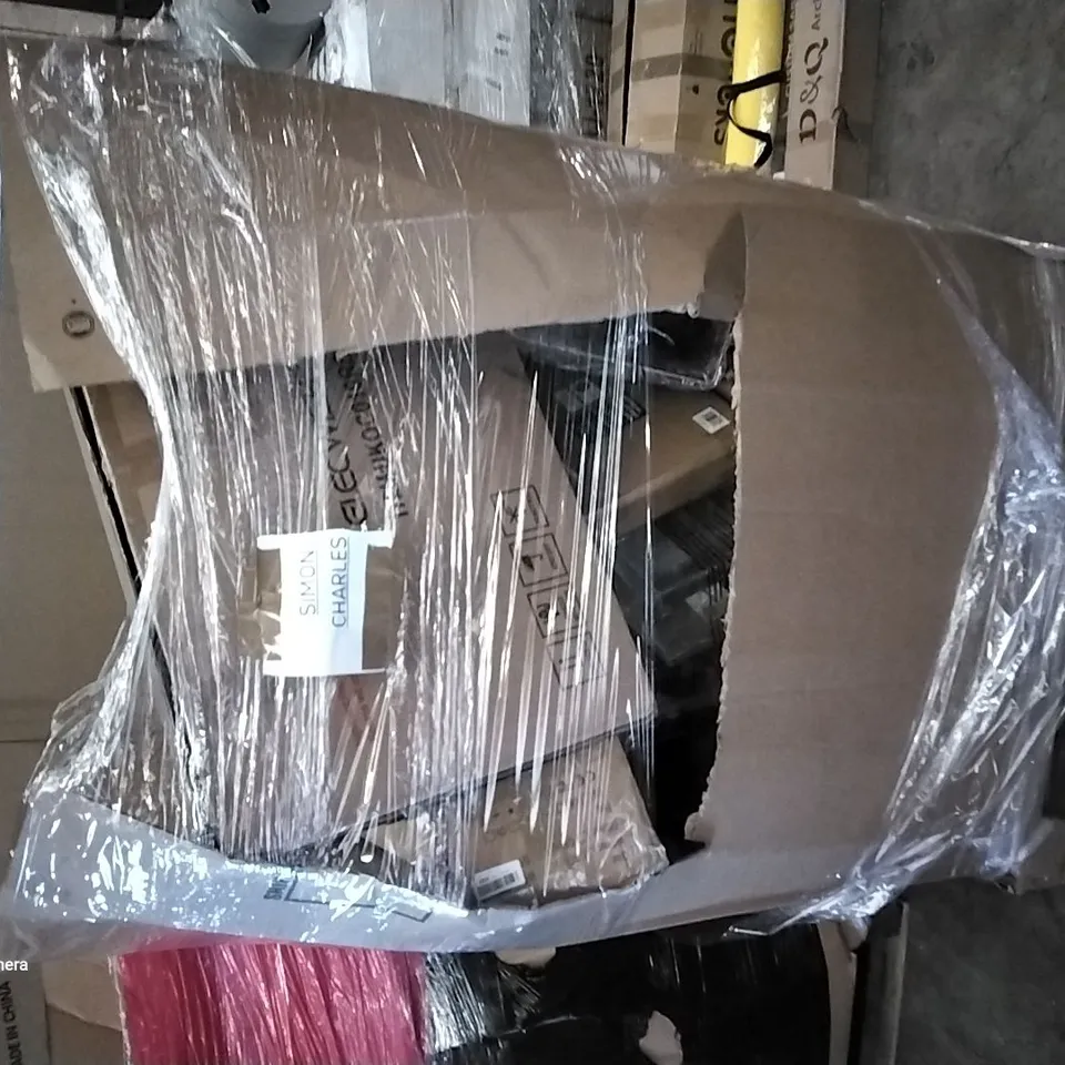 PALLET OF ASSORTED ITEMS INCLUDING REUPHO FOOT MASSAGER, D&Q ARCHERY, CUSTOM SABER, ELECWISH, M-DESIGN 4-TIER GLASS SHELF, AIR MULTIPLIER TOWER FAN