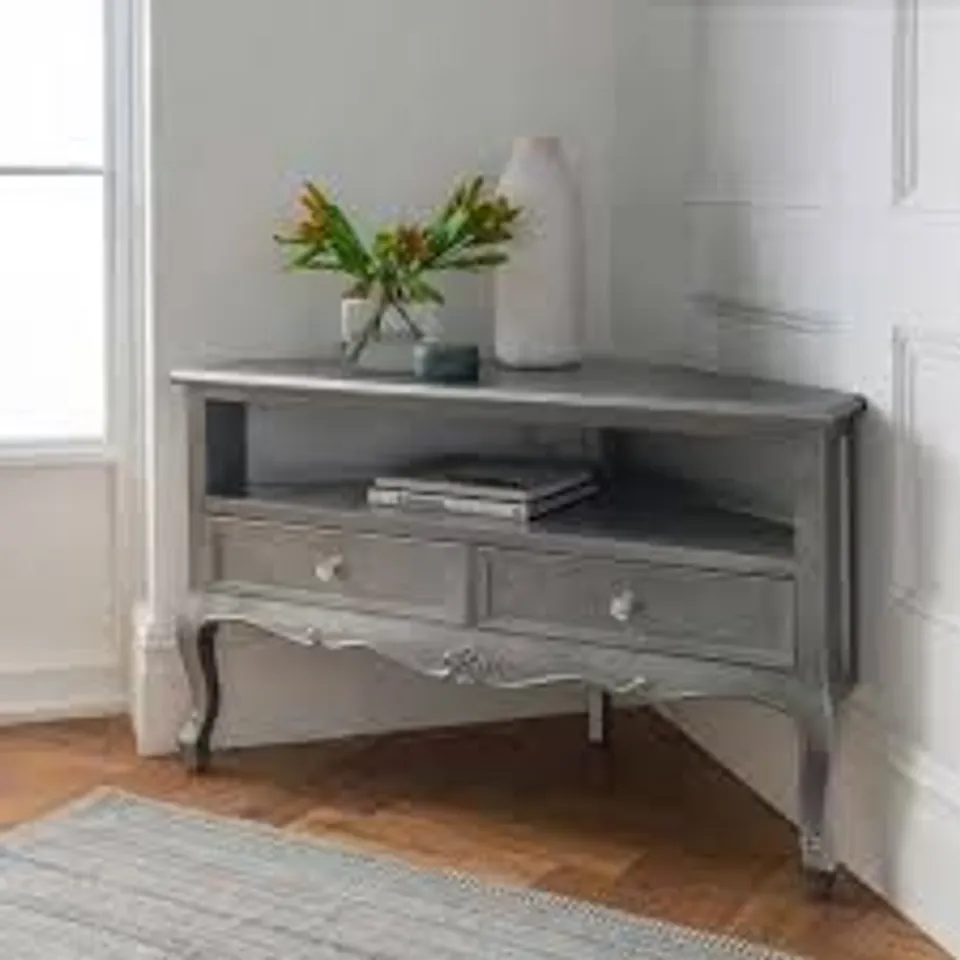 BRAND NEW BOXED HOMESDIRECT365 ANTIQUE FRENCH STYLE CORNER TV CABINET - SILVER