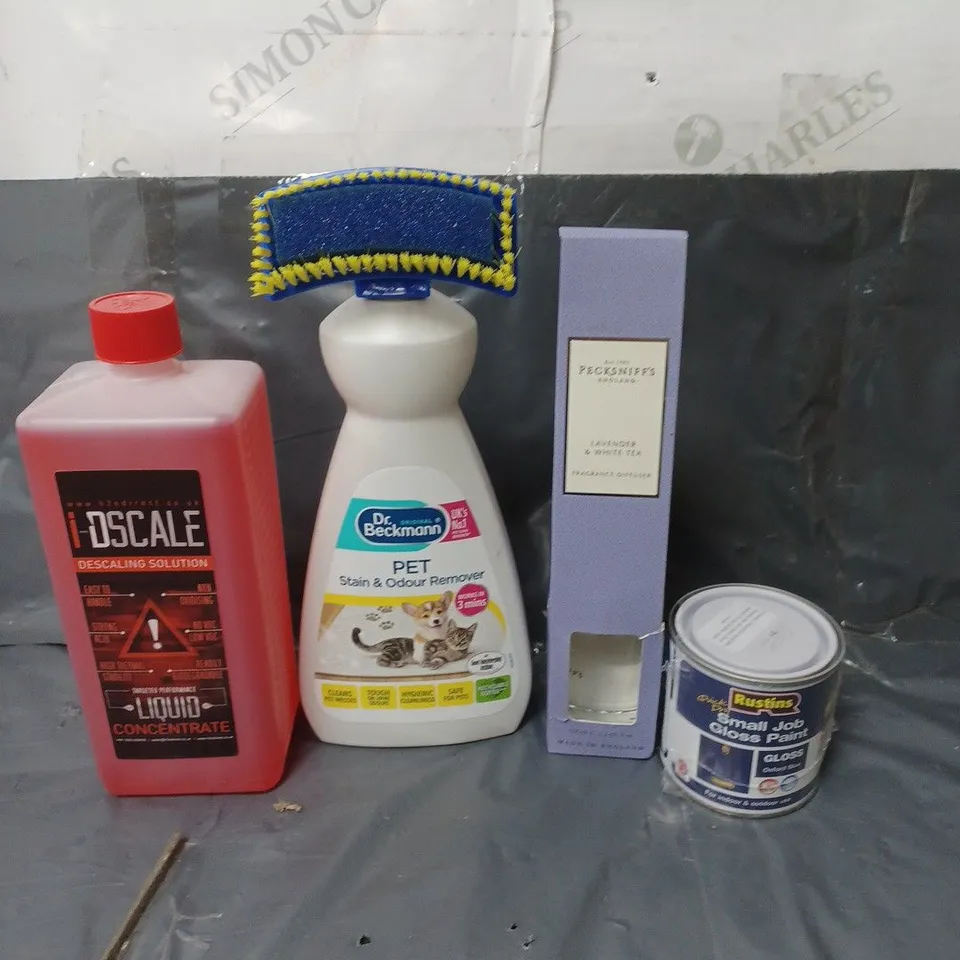 BOX OF APPROXIMATELY 15 ASSORTED HOUSEHOLD ITEMS TO INCLUDE PET CARPET CLEANER, PAINT AND SCENTED DIFFUSER