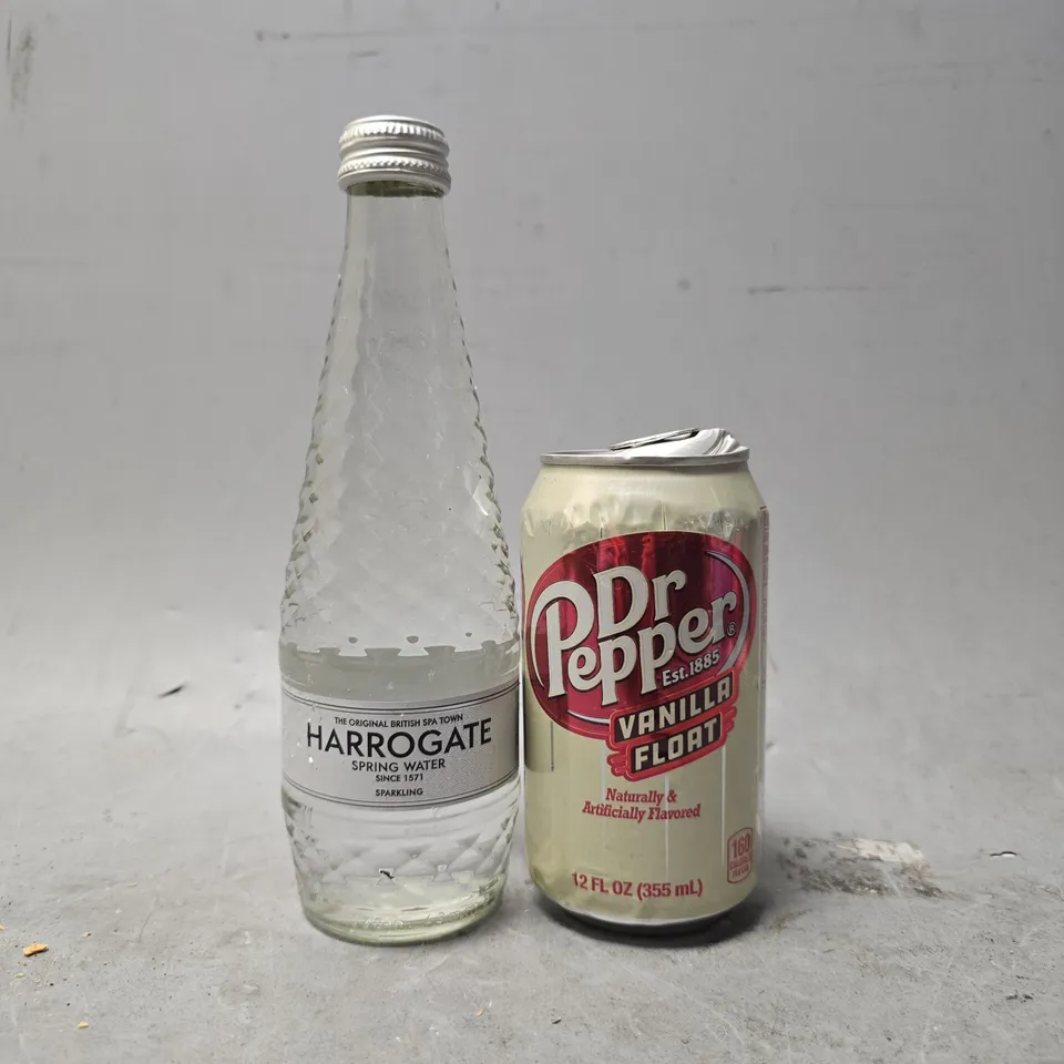 APPROXIMATELY 12 ASSORTED DRINKS ITEMS TO INCLUDE - HARROGATE SPRING WATER SPARKLING , DR PEPPER VANILLA FLOAT 