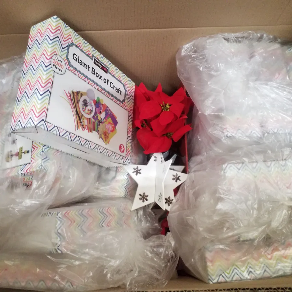 PALLET CONTAINING ASSORTED CHRISTMAS PRODUCTS & DECORATIONS INCLUDING GIANT BOX OF CRAFT, MINI CROSS STITCHES, SANTA SOAP BOTTLE, 3D WOODEN STAR & POINSETTIA PLANT POT
