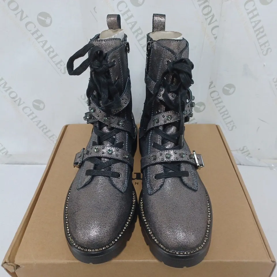DUNE LONDON EMBELLISHED LEATHER BOOT IN PEWTER - SIZE 6
