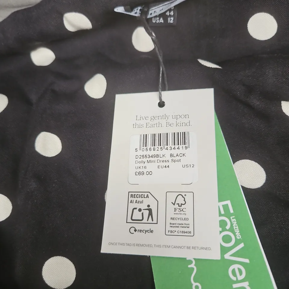 NOBODY'S CHILD - DOLLY MINI DRESS – SPOT PRINT, UK16 – BLACK WITH WHITE POLKA DOTS