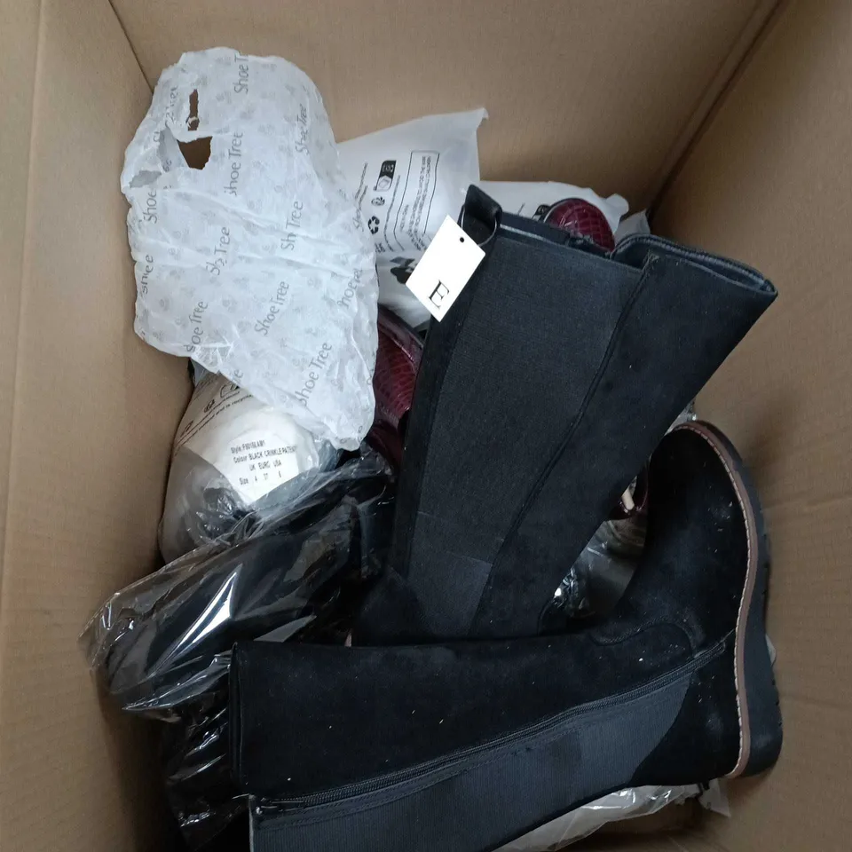LARGE BOX OF ASSORTED SHOES IN VARIOUS SIZES, COLOURS AND STYLES 