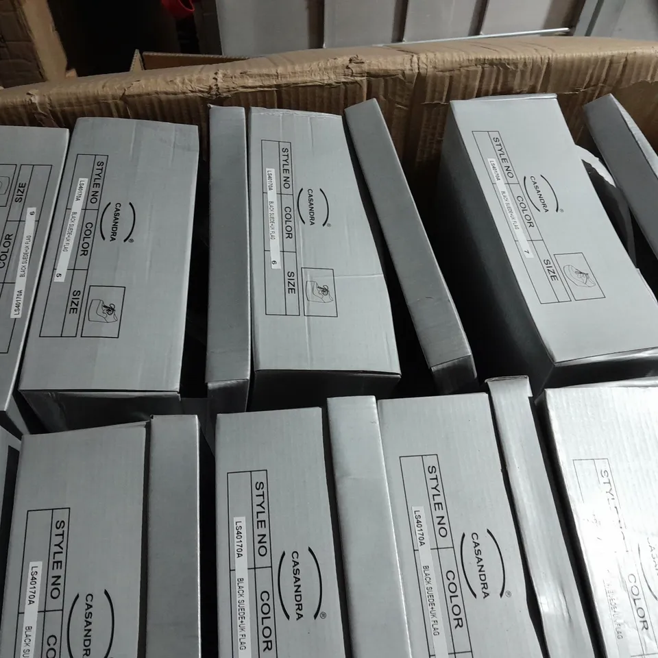 APPROXIMATELY 9 BOXED PAIR OF CASANDRA WEDGE PLATFORM SHOES IN BLACK SUEDE UK FLAG VARIOUS SIZES TO INCLUDE SIZE 6