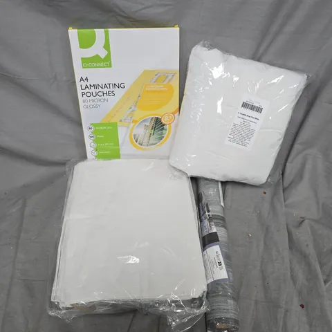 APPROXIMATELY 20 ASSORTED HOUSEHOLD PRODUCTS TO INCLUDE A4 LAMINATING POUCHES, FLOOR STICKERS, SWADDLE RWAP, ETC - COLLECTION ONLY