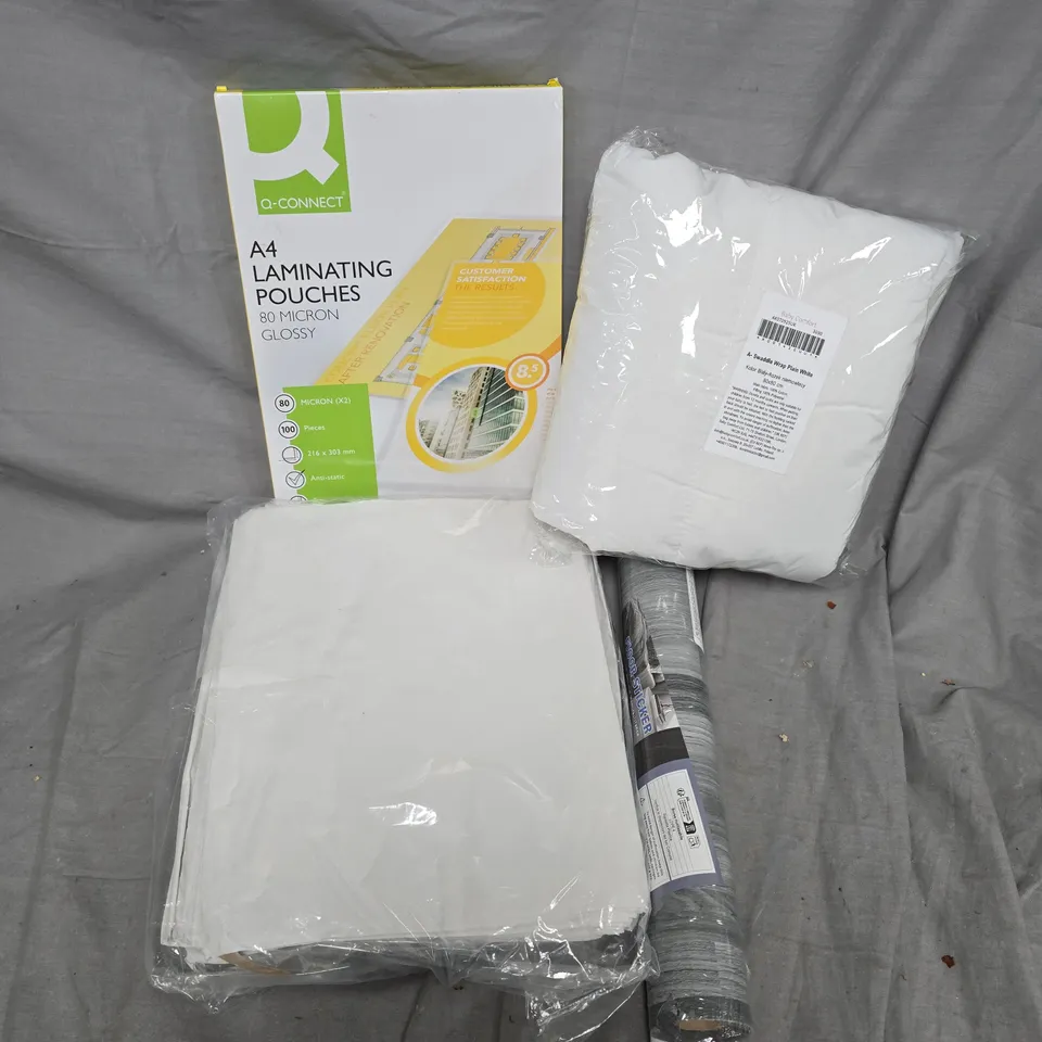APPROXIMATELY 20 ASSORTED HOUSEHOLD PRODUCTS TO INCLUDE A4 LAMINATING POUCHES, FLOOR STICKERS, SWADDLE RWAP, ETC - COLLECTION ONLY