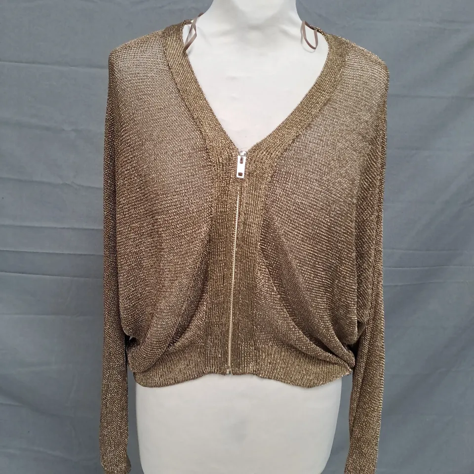 ZARA METALLIC THREAD KNITTED ZIP-UP SWEATER IN GOLD SIZE MEDIUM