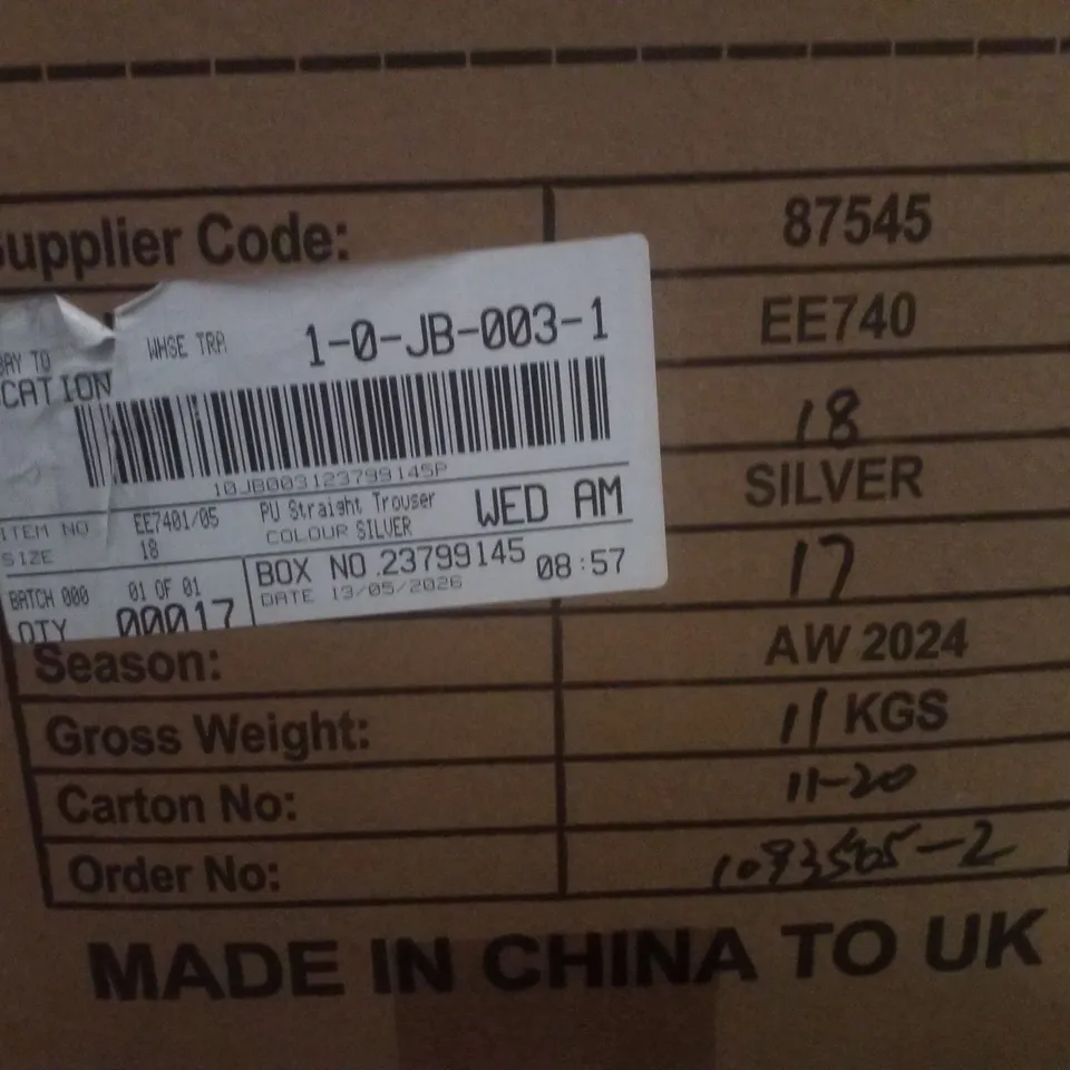 BOX CONTAINING APPROXIMATELY 17 BRAND NEW JD WILLIAMS SILVER PU STRAIGHT TROUSERS - SIZE 28