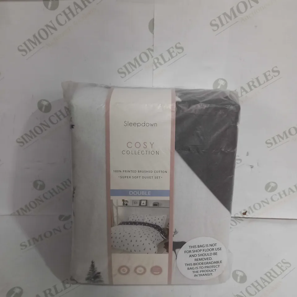 SLEEPDOWN STAG & TREES GREY WHITE REVERSIBLE DUVET COVER QUILT BEDDING SET WITH PILLOWCASES WARM COSY THERMAL SOFT FLANNELETTE 100% BRUSHED COTTON - DOUBLE