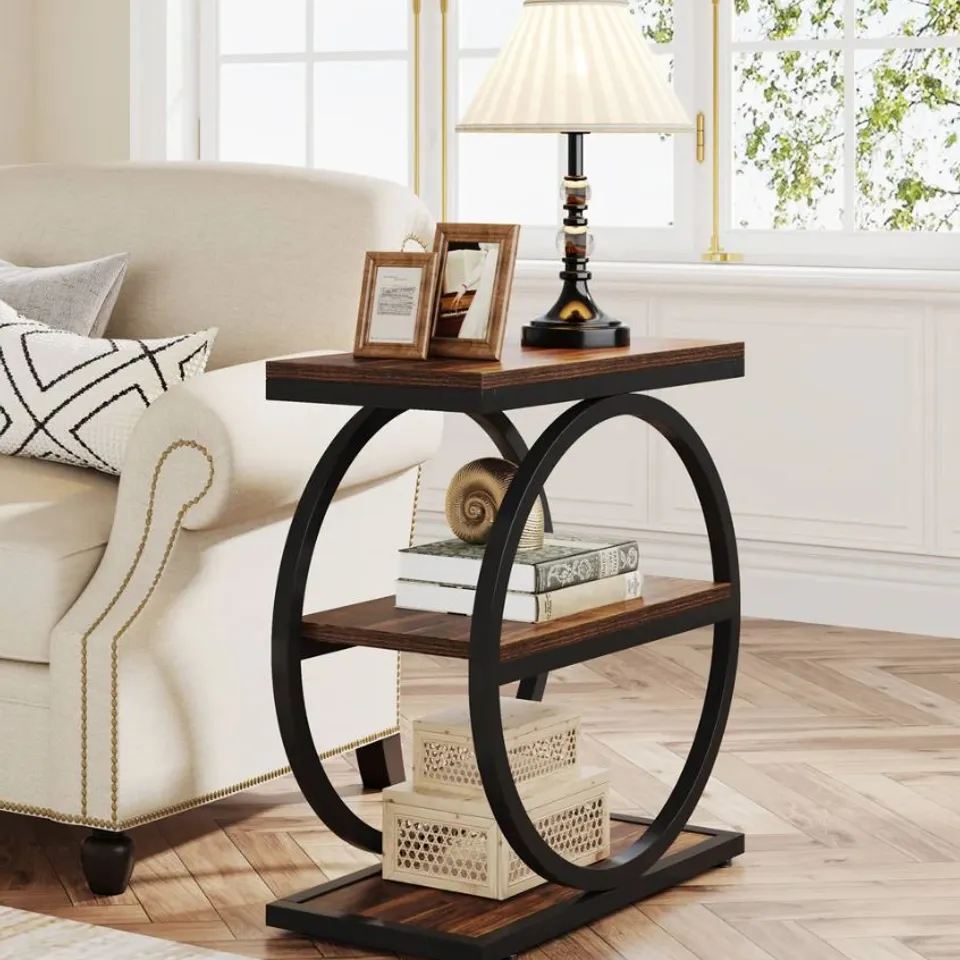 BOXED TRIBESIGNS 3-TIER END TABLE, INDUSTRIAL SOFA SIDE TABLE WITH ROUND METAL FRAME (1 BOX)