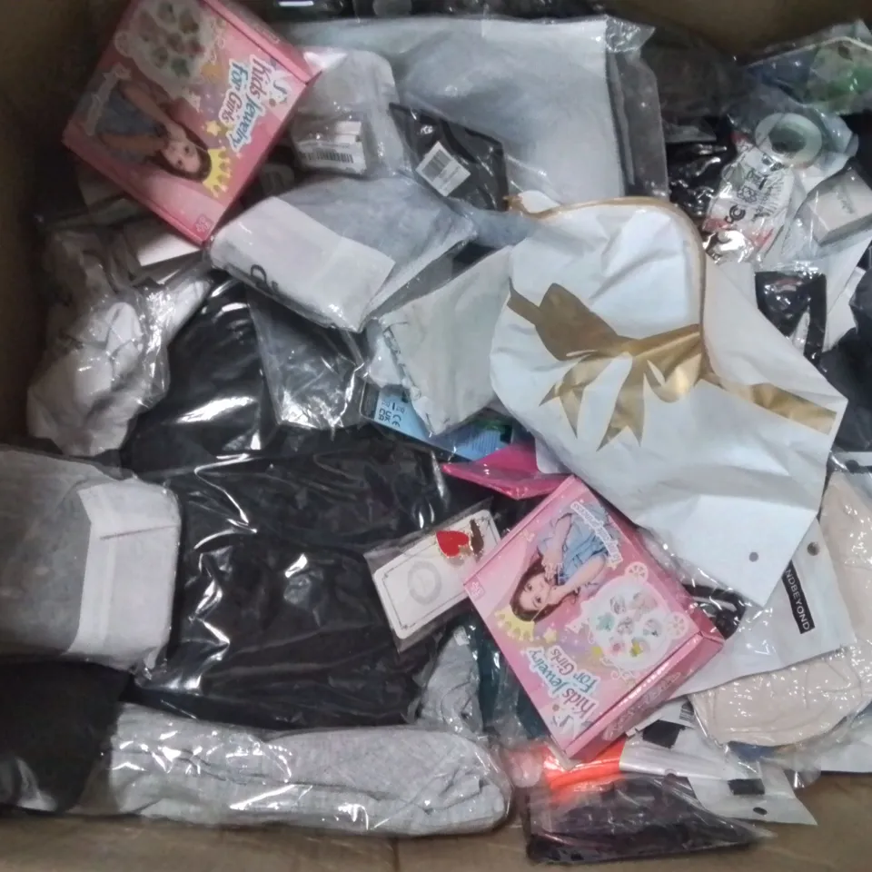 BOX CONTAINING LARGE AMOUNT OF MIXED FASHION ITEMS, SILVER PLATE AND COSTUME JEWELLERY, CLOTHING ITEMS ETC.