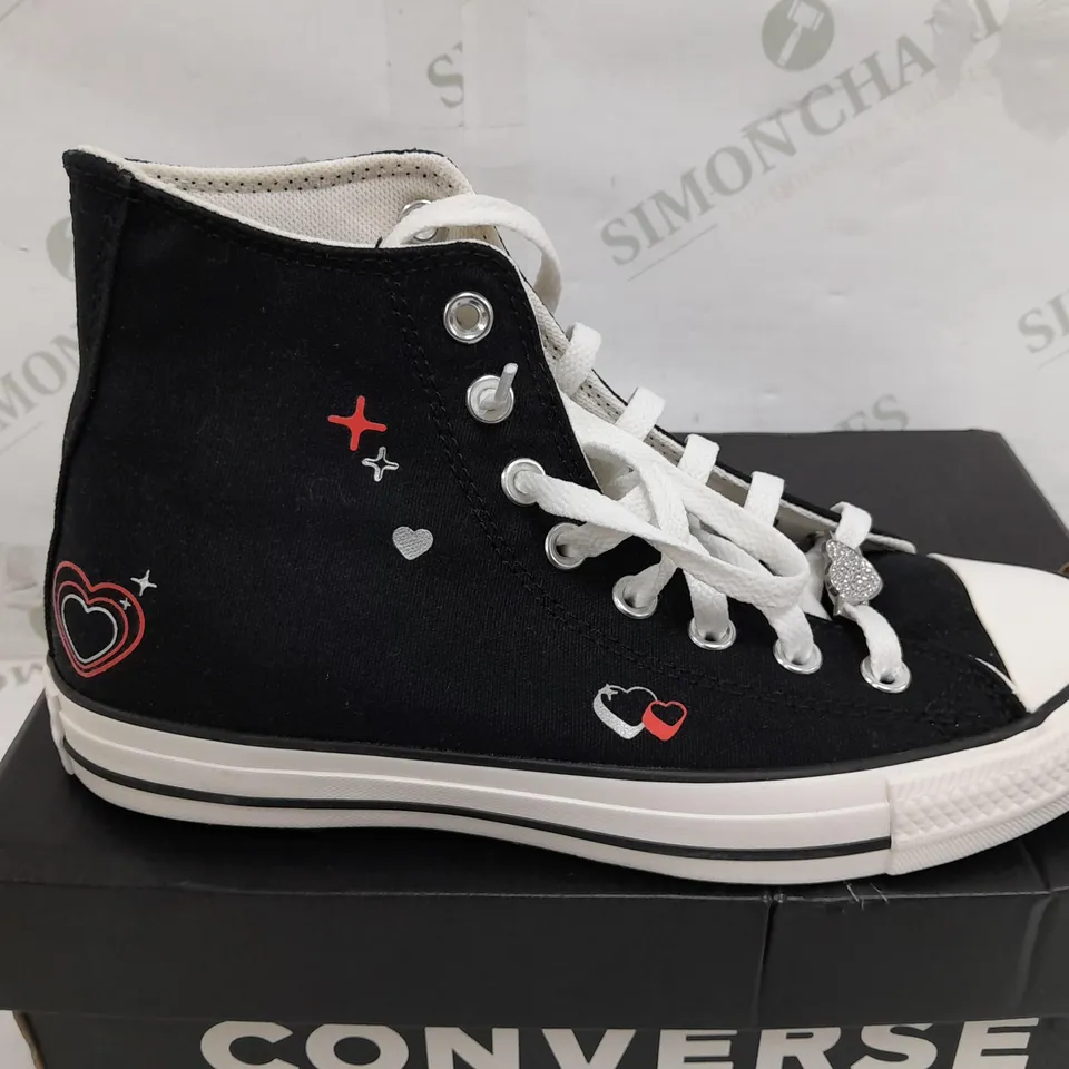 BOXED PAIR OF CONVERSE HIGHS IN BLACK WITH HEART DESIGN - UK 6.5