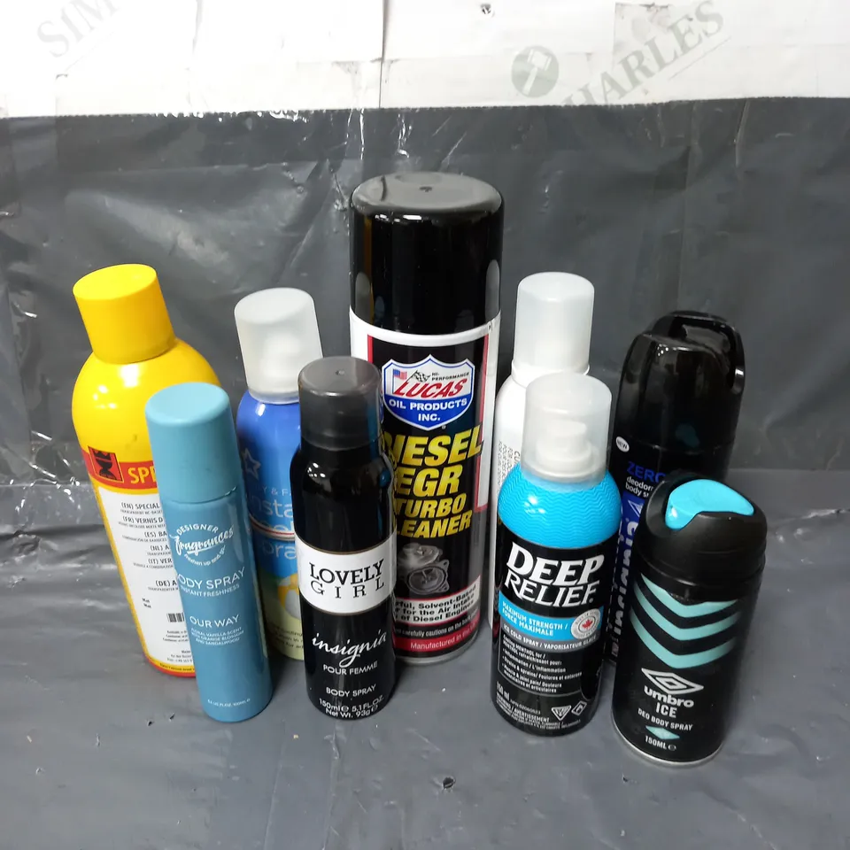 BOX OF APPROXIMATELY 10 ASSORTED AEROSOLS TO INCLUDE - SASOON CURL FOAM - UMBRO ICE BODY SPRAY - LUCAS DIESAL EGR & TURBO CLEANER - ETC - COLLECTION ONLY