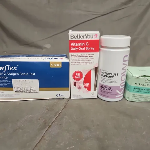 TOTE OF APPROXIMATELY 20 ASSORTED HEALTHCARE PRODUCTS TO INCLUDE FLOW FLEX HOME COVID TESTS - MIRACLE CLEAR BARRIER CREAM AND MENOPAUSE SUPPORT SUPPLEMENTS