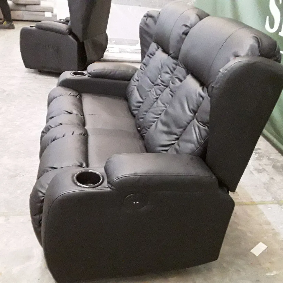QUALITY DESIGNER ELECTRIC RECLINER 2 SEATER SOFA WITH CUPHOLDERS - BLACK LEATHER