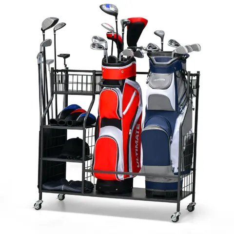 BOXED COSTWAY EXTRA LARGE GOLF BAG STORAGE RACK ORGANISER ON WHEELS 