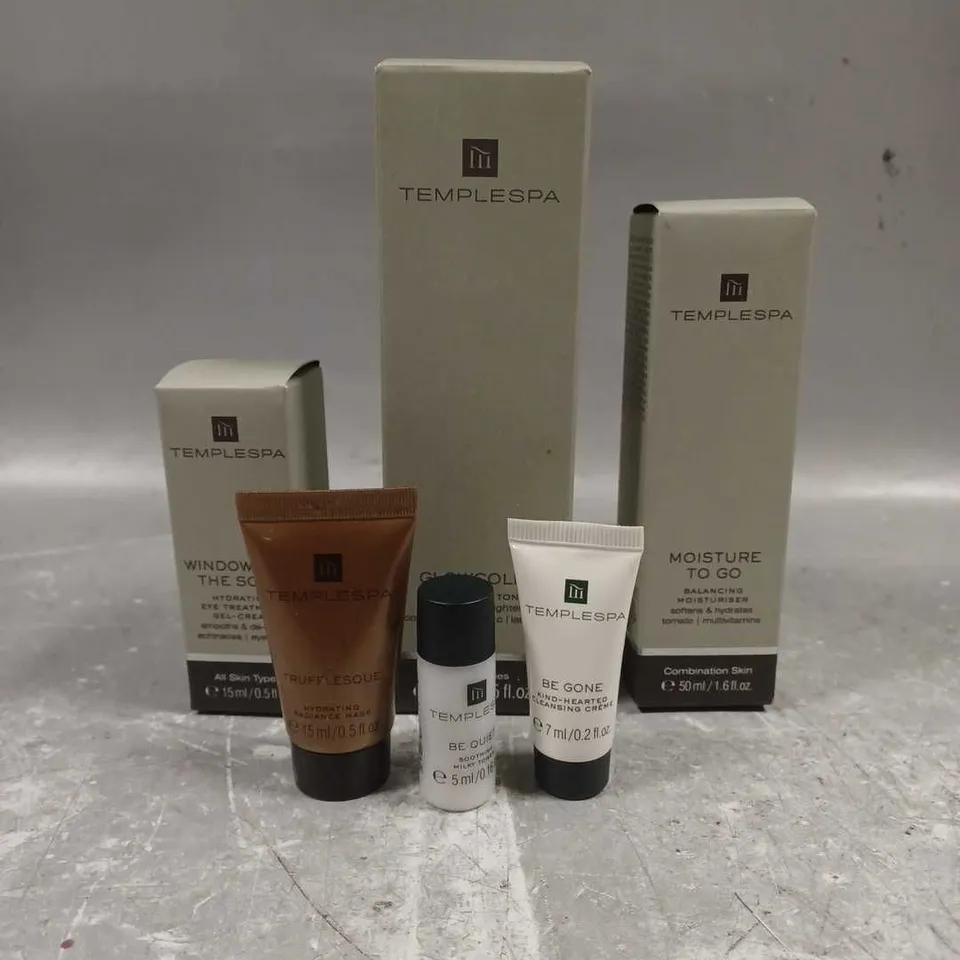 TEMPLESPA LOT OF 6 ASSORTED SKINCARE PRODUCTS TO INCLUDE - GLOWCOLIC RESURFACING TONER - MOISTURE TO GO BALANCING MOISTURISER - WINDOWS OF THE SOUL EYE TREATMENT GEL - ETC