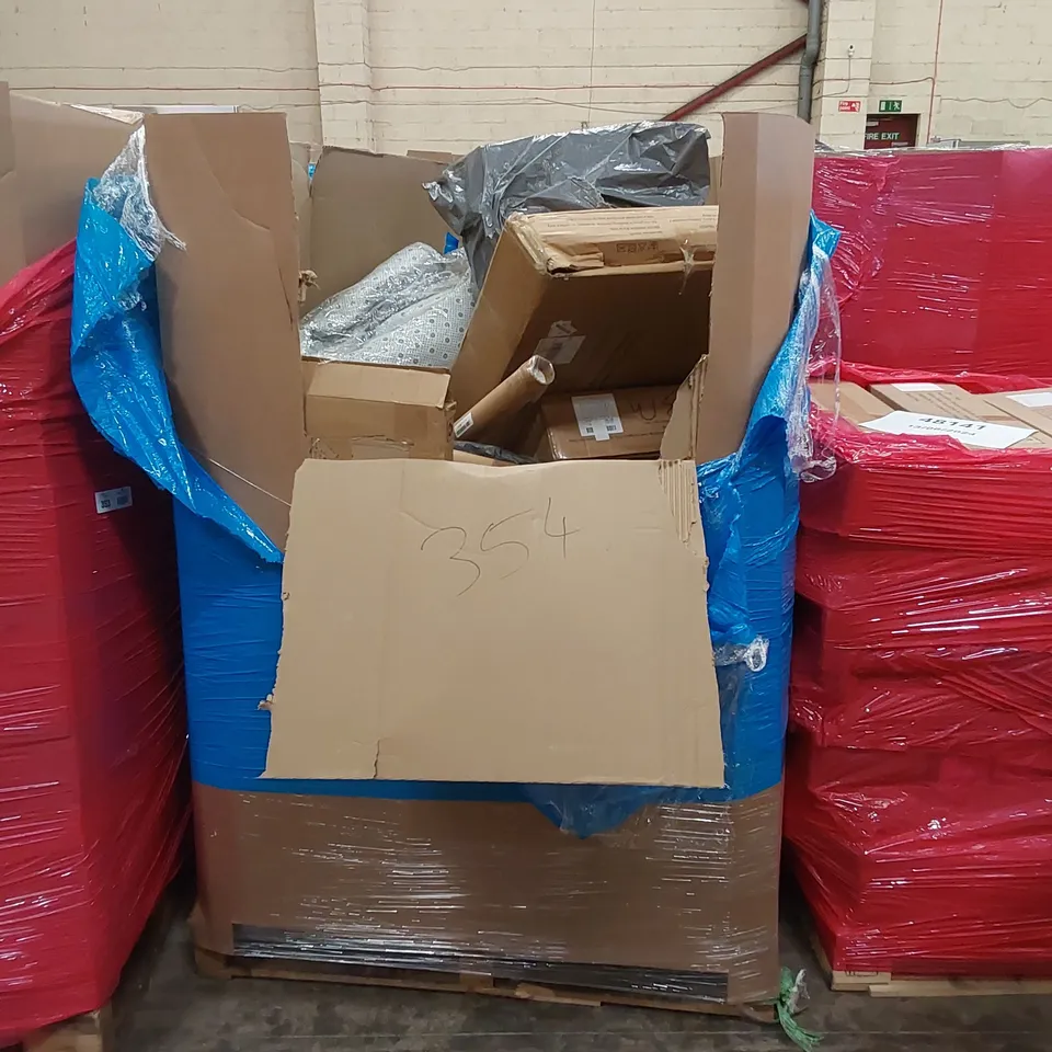 PALLET OF ASSORTED HOUSEHOLD ITEMS AND CONSUMER PRODUCTS TO INCLUDE; BEDSIDE SLEEPER CRIB, KITCHEN FAUCET, LAPTOP STAND, BABY WALKER, BOXED FURNITURE ETC 