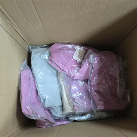 BOX OF APPROXIMATELY 10 ASSORTED CLOTHING ITEMS IN VARIOUS STYLES , COLOURS AND SIZES