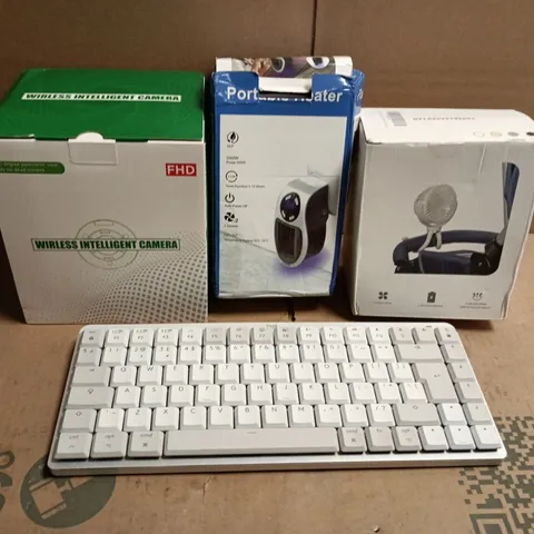 BOX OF APPROXIMATELY 15 ASSORTED HOUSEHOLD ITEMS TO INCLUDE LOGI KEYBOARD, PORTABLE HEATER, THREE LEGGED FAN, WIRELESS INTELLIGENT CAMERA ETC