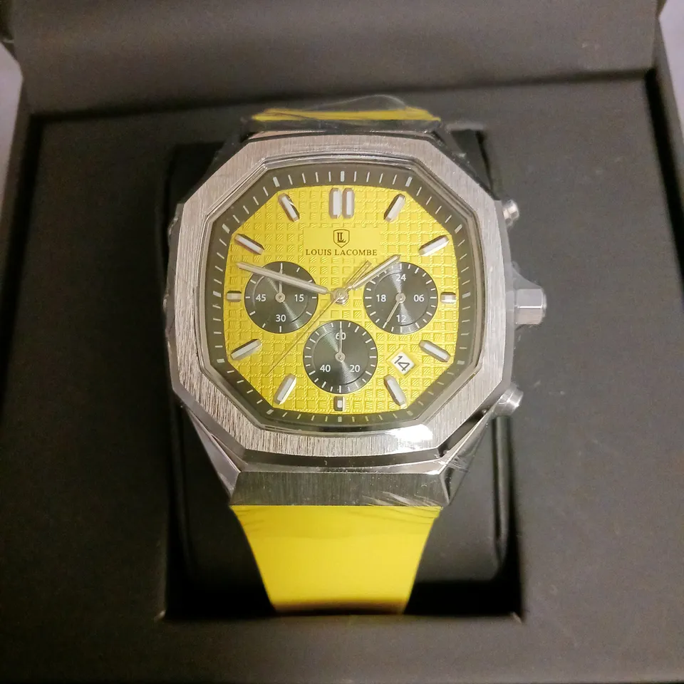 LOUIS LACOMBE YELLOW DIAL CHRONOGRAPH STAINLESS STEEL GENTS WATCH WITH YELLOW RUBBER STRAP IN BOX