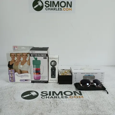 BOX OF APPROXIMATELY 10 ASSORTED ITEMS INCLUDING NEWAGE SUNGLASSES, A WIRELESS CHARGING SMART AUDIO A19 AND A BLISS & BEYOND COMPACT HANDHELD COOLING FAN AND MESA LIVING BETTER BLENDER 450ML