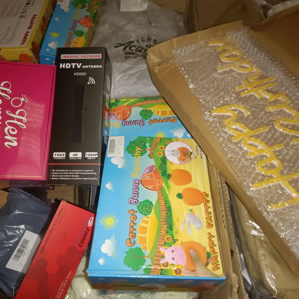 PALLET OF ASSORTED ITEMS TO INCLUDE LIGHT UP HAPPY BIRTHDAY SIGN, HDTV ANTENNA AND ATHLETIC EYEWEAR