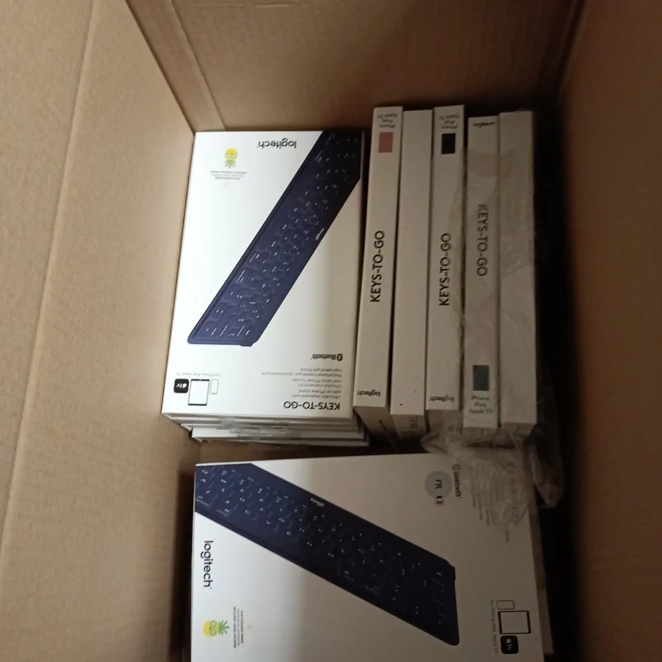 BOX OF APPROXIMATELY 15 ASSORTED LOGITECH KEYS TO GO (FOR IPHONE IPAD AND APPLE TV)