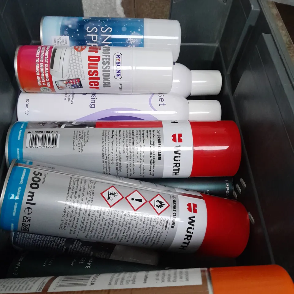 BOX OF APPROXIMATELY 15 AEROSOLS TO INCLUDE  -SENSET - WORTH BRAKE CLEANER - SNOW SPRAY - COLLECTION ONLY 