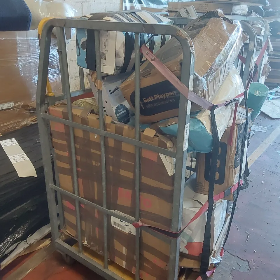 CAGE CONTAINING A LARGE QUANTITY OF ASSORTED ITEMS INCLUDING: SOFT PLAYPEN, BAMBOO SHOE RACK, PET CAR SEAT, SUITCASE ECT // CAGE NOT INCLUDED 