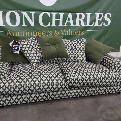 QUALITY BRITISH DESIGNER LOUNGE Co. BRONWYN FOUR SEATER SOFA TRIMOS TRIBAL TILE MOSS FABRIC WITH REVERSIBLE SCATTER CUSHIONS