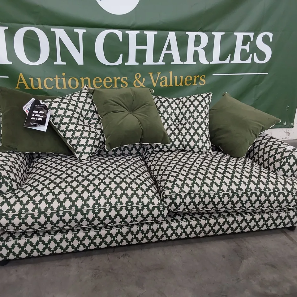 QUALITY BRITISH DESIGNER LOUNGE Co. BRONWYN FOUR SEATER SOFA TRIMOS TRIBAL TILE MOSS FABRIC WITH REVERSIBLE SCATTER CUSHIONS 