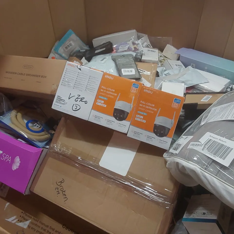 PALLET CONTAINING A LARGE QUANTITY OF ASSORTED ITEMS INCLUDING: IMOU FULL-COLOUR WI-FI OUTDOOR SMART CAMERAS, FOOT SPA, WOODEN CABLE ORGANISER BOX, PHONE CASES ECT