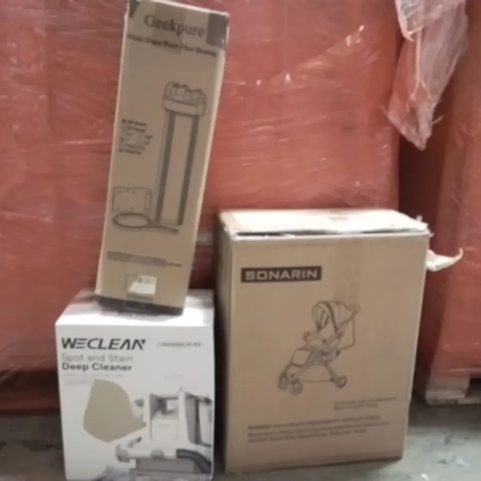 PALLET OF ASSORTED HOUSEHOLD GOODS AND PRODUCTS TO INCLUDE;BABY PRAM,WATER FILTER HOUSING,CARPET CLEANER