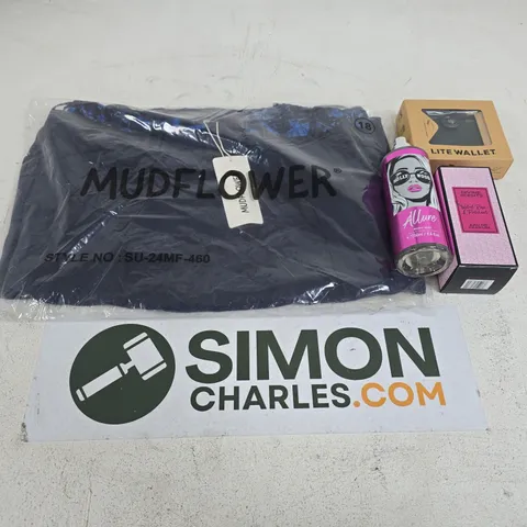 APPROXIMATELY 15 ASSORTED ITEMS TO INCLUDE MUDFLOWER CLOTHING, LITE WALLET, DIVINE SCENTS EAU DE PARFUM, ETC