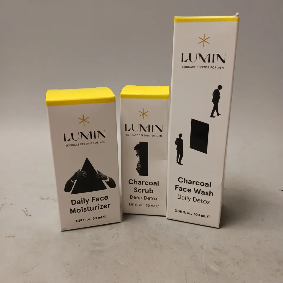 LUMIN LOT OF 3 MENS SKINCARE PRODUCTS TO INCLUDE - DAILY FACE MOISTURIZER - CHARCOAL SCRUB - CHARCOAL FACE WASH - ETC