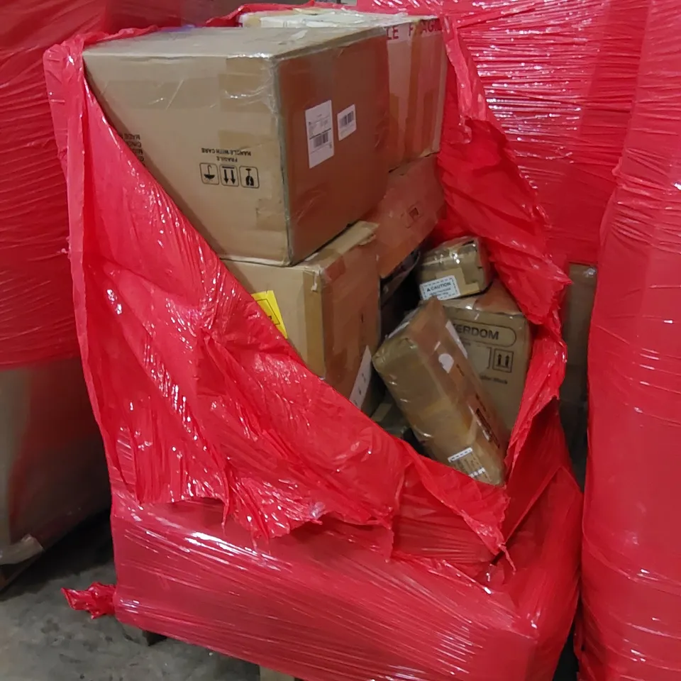 PALLET TO CONTAIN ASSORTED HOUSEHOLD ITEMS AND CONSUMER PRODUCTS. INCLUDING BARSTOOL, BOXED FURNITURE ETC