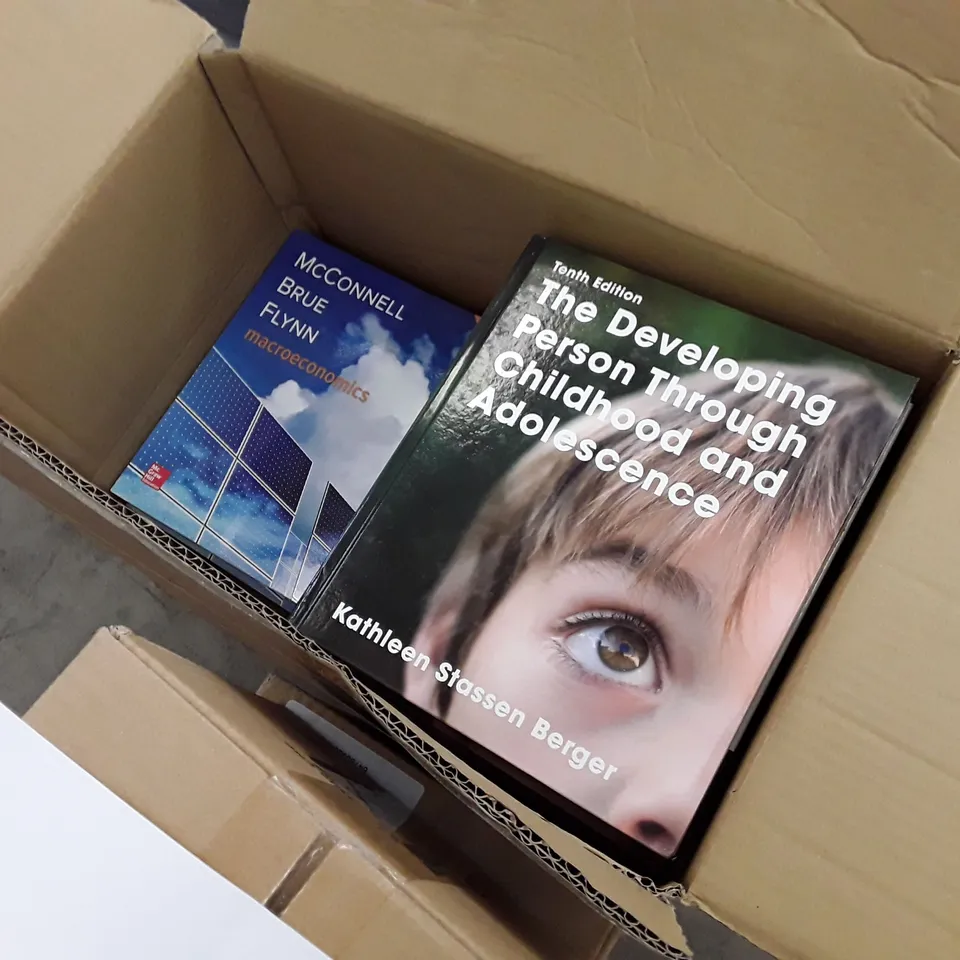 BOX CONTAINING 9 BRAND NEW COPIES OF CHILDHOOD & ADOLESCENCE BOOKS & 7  BRAND NEW MACROECONOMICS BOOKS