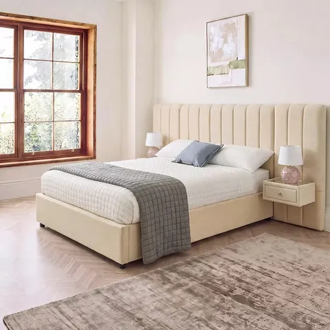 BOXED AMAYA KING SIZE BED WITH BUILT-IN SIDE TABLES - IVORY (4 BOXES)