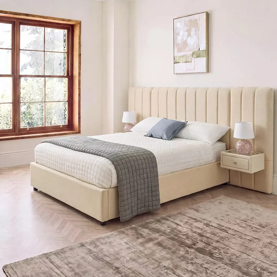 BOXED AMAYA KING SIZE BED WITH BUILT-IN SIDE TABLES - IVORY (4 BOXES)