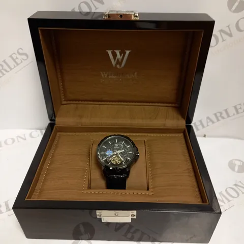 MENS WILLIAM JOURDAIN AUTOMATIC WATCH – OPEN HEART DIAL WITH MOONPHASE COMPLICATION – GLASS EXHIBITION BACK CASE – LEATHER STRAP