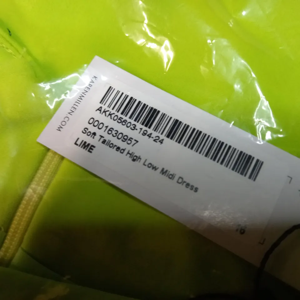 PACKAGED KAREN MILLEN LIME SOFT TAILORED HIGH LOW MIDI DRESS - SIZE 16