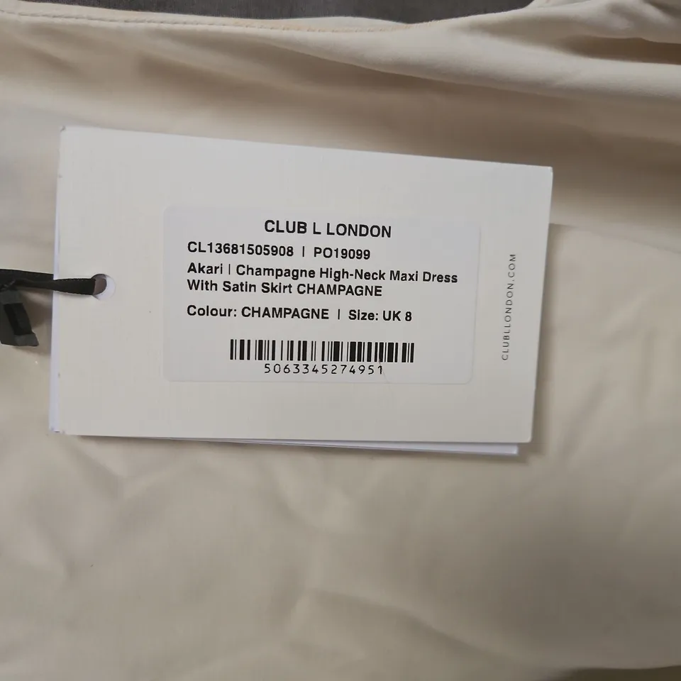 CLUB LONDON AKARI CHAMPAGNE HIGH-NECK MAXI DRESS WITH SATIN SKIRT, UK 8